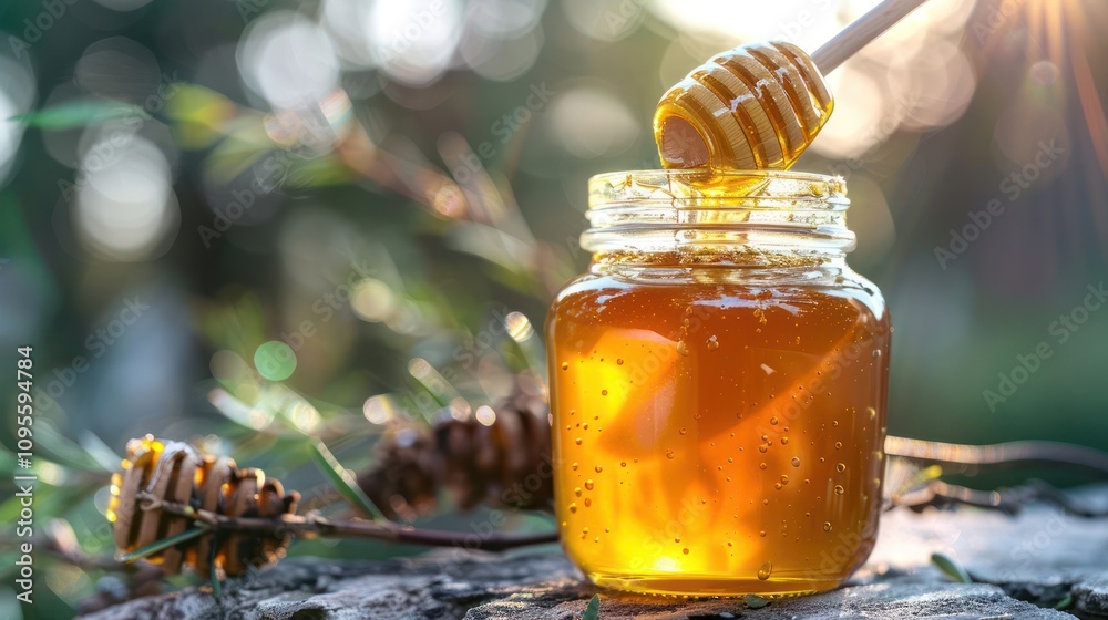 A glass jar filled with honey, with a honey dipper dripping honey, on a wooden surface with a blurred green background. A glass jar filled with honey, with a honey dipper dripping honey, on a wooden surface with a blurred green background.
