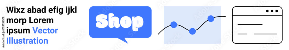 Shopping button in a speech bubble a line graph with data points a simplistic browser window, and placeholder text in blue Ideal for e-commerce websites data analytics web design digital marketing Shopping button in a speech bubble a line graph with data points a simplistic browser window, and placeholder text in blue Ideal for e-commerce websites data analytics web design digital marketing