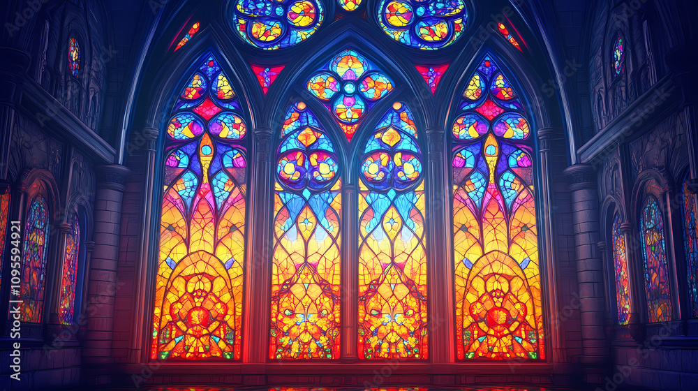 Obraz premium Stained glass window in church ,ai generated. Stained Glass Cathedral. Illustration