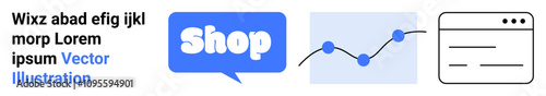 Shopping button in a speech bubble a line graph with data points a simplistic browser window, and placeholder text in blue Ideal for e-commerce websites data analytics web design digital marketing