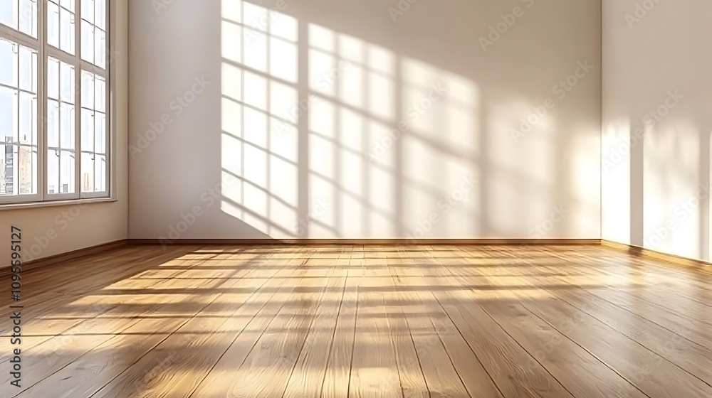 Fototapeta premium white empty room with shadow window and green plant on white wall luxury background and wooden floor 