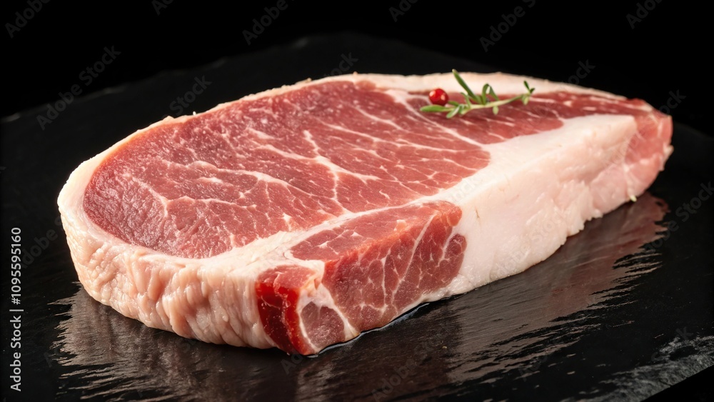Raw ham fillet on a shiny black background with a hint of red, black background, beef alternative, meat, raw ham