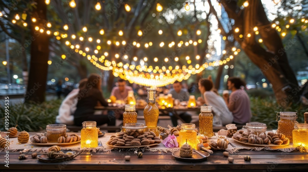 A group of friends enjoy a cozy dinner party outdoors at night, illuminated by string lights and candles. A group of friends enjoy a cozy dinner party outdoors at night, illuminated by string lights and candles.