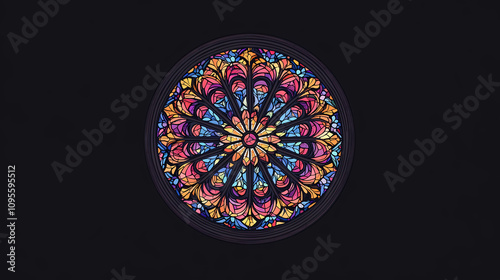 Circular stained glass window, front view, colorful rose window of cathedral, gothic style, isolated on black. Stained Glass Cathedral. Illustration