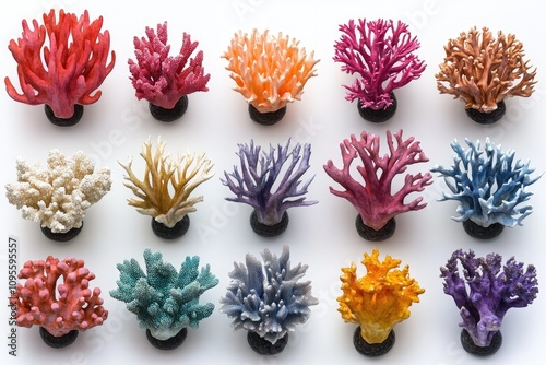 Collection of colorful coral branches. Ideal for marine life, ocean, and nature themes. photo