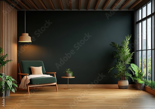 Modern living room design with green armchair and dark walls in luxury apartment interior