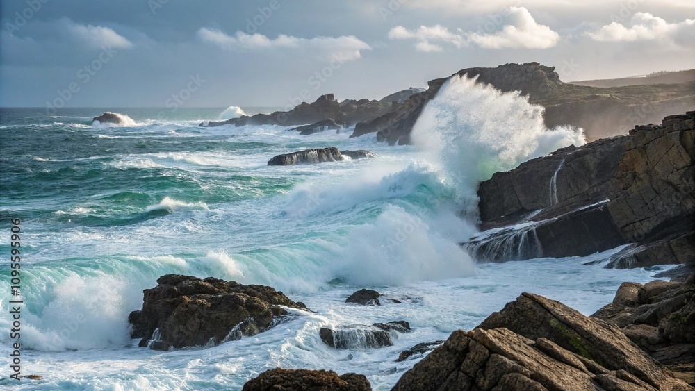 Seawater crashes against rocks on a rugged shoreline in a dramatic ocean scene, turbulent water, weather, beach scene, coastline, rocky shore Seawater crashes against rocks on a rugged shoreline in a dramatic ocean scene, turbulent water, weather, beach scene, coastline, rocky shore