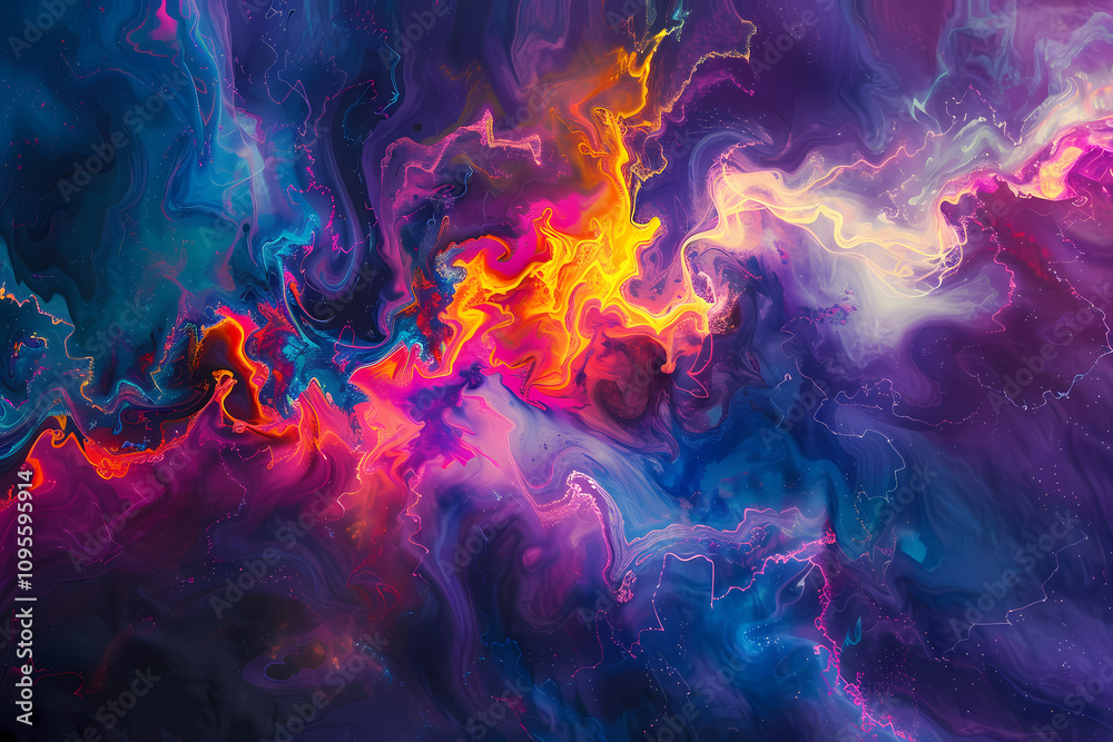 Fototapeta premium Vibrant abstract artwork featuring swirling hues of purple, blue, orange, and pink, creating a mesmerizing cosmic effect.