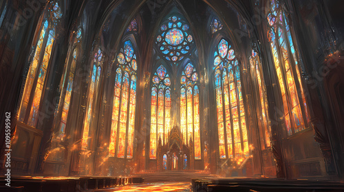 A stunning interior view of a cathedral showcasing vibrant stained glass windows and intricate architecture bathed in golden light. Stained Glass Cathedral. Illustration