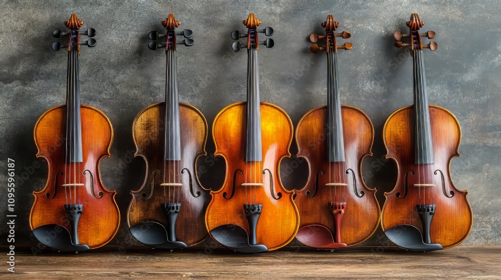 Naklejka premium Five Exquisite Violins Against a Textured Background