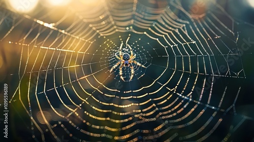 A spider sits in the center of its web, illuminated by the warm glow of the sun. photo