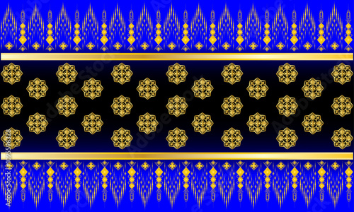 Luxurious gold floral and ethnic Thai patterns, abstract gradient blue background, designed for printing on fabric, curtains, wallpaper, batik, shoulder cloth, pillowcases.