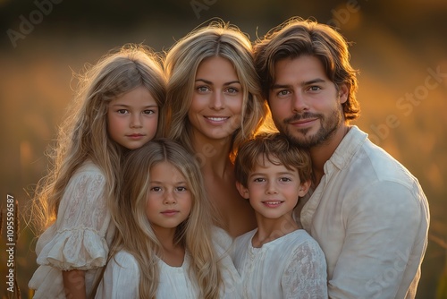 Family Portrait in a Sunlit Field with Children