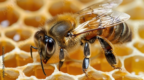 Close-up of a honeybee on a honeycomb, with its wings spread out, showcasing its intricate details.