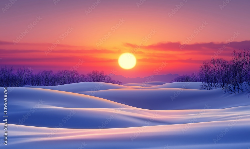 Sunset over snowy landscape, vibrant colors, serene atmosphere, gentle hills, silhouetted trees, winter beauty Sunset over snowy landscape, vibrant colors, serene atmosphere, gentle hills, silhouetted trees, winter beauty