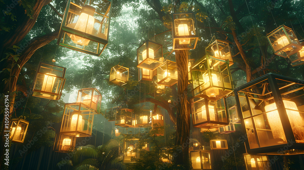 Fototapeta premium A serene forest illuminated by hanging lanterns, creating a magical atmosphere.