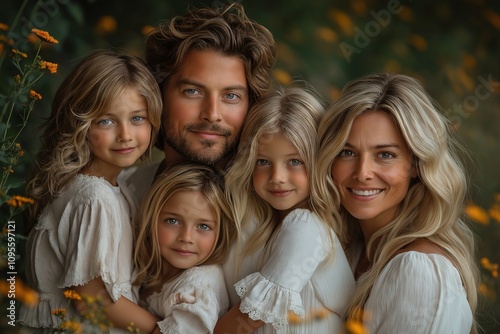 I'll provide a title and keywords based on the general concept of a family portrait in a natural setting:.. Heartwarming Family Portrait in a Sunlit Meadow with Children