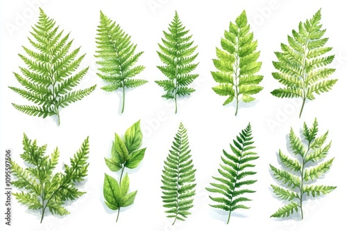 Watercolor illustration of fern leaves. Perfect for botanical designs, nature-themed projects, and creating a fresh, organic feel.