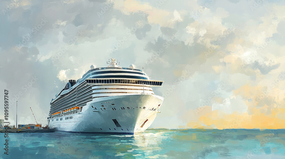 Naklejka premium Cruise ship docked at sunset against a cloudy sky