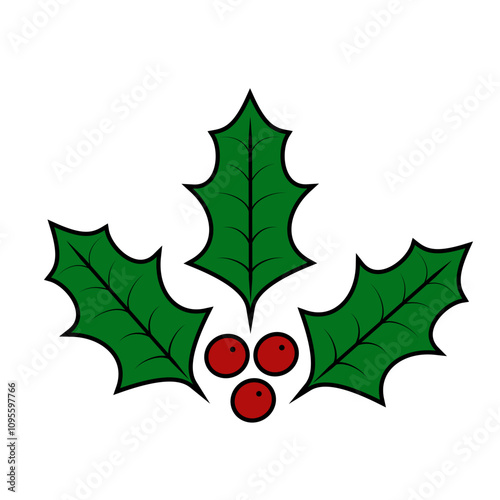 Holly Berry icon. Traditional Christmas plant holly berries and leaves. Vector template for greeting card, banner, flyer, sticker, etc.