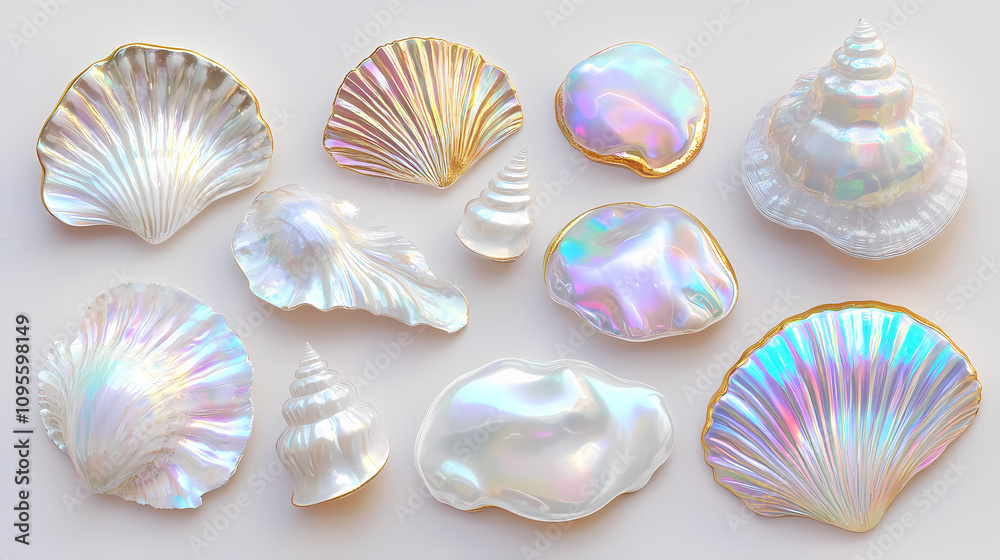 Iridescent white opal and pearl shell with gold accents. Iridescent Pearl Shells. Illustration Iridescent white opal and pearl shell with gold accents. Iridescent Pearl Shells. Illustration