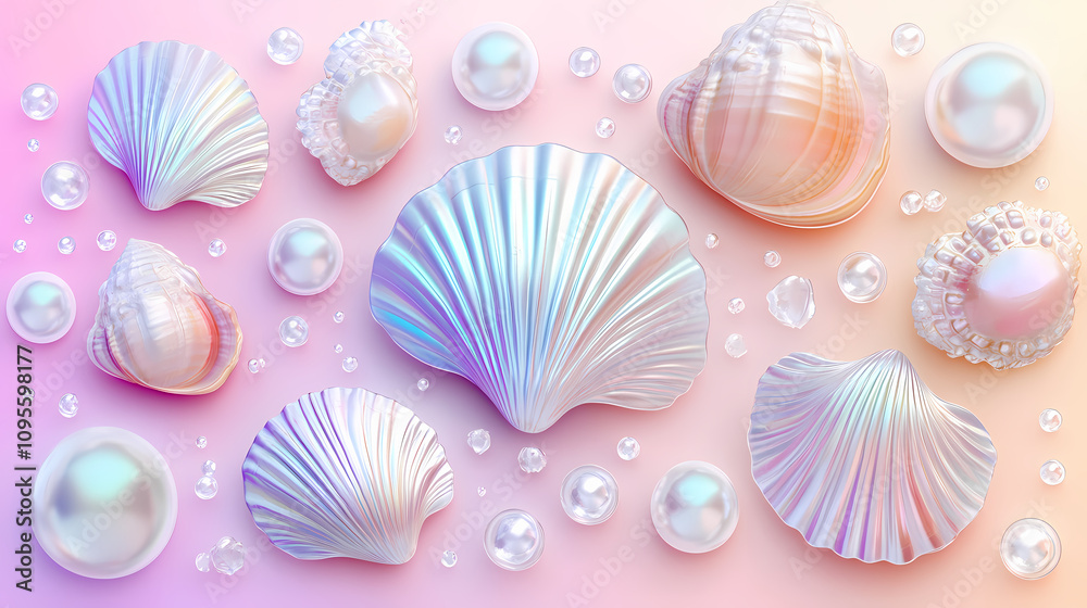 Iridescent shells and pearls on pastel background. Iridescent Pearl Shells. Illustration