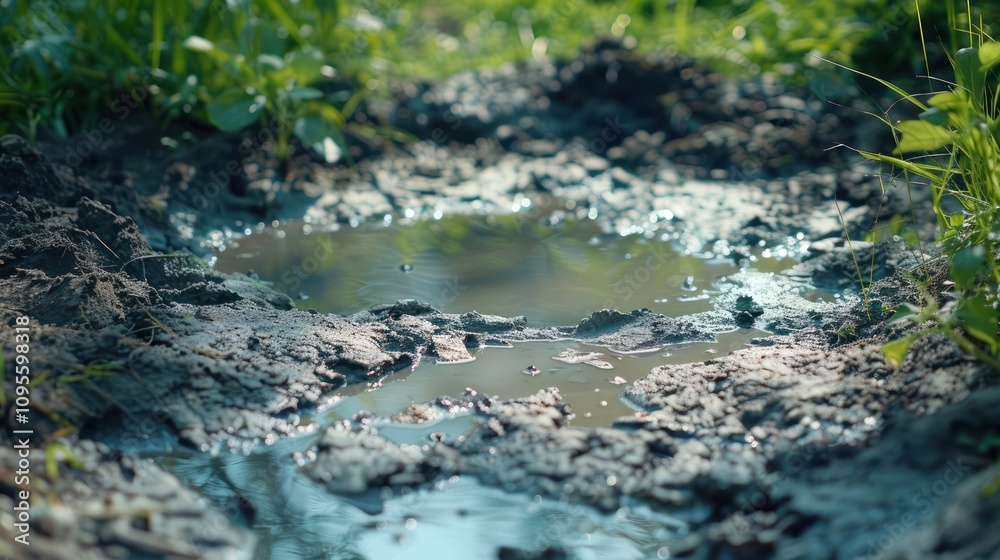 A small puddle of water in a muddy path surrounded by green grass. A small puddle of water in a muddy path surrounded by green grass.