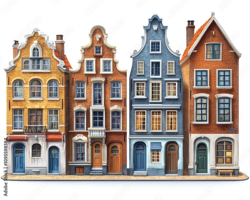 Fototapeta premium Four charming European buildings stand side by side. This image is perfect for travel, real estate, or architecture themes.