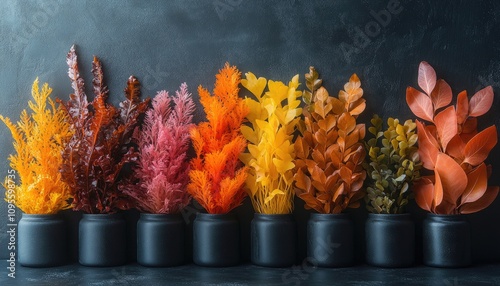 Colorful plants in black pots. Perfect for autumn, nature, and decoration.