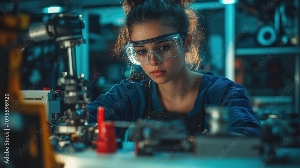 Young Female Engineer Focused on Robotic Arm in Modern Workshop, Demonstrating Precision and Skill in STEM Environment with Advanced Technology Surrounded by Tools Young Female Engineer Focused on Robotic Arm in Modern Workshop, Demonstrating Precision and Skill in STEM Environment with Advanced Technology Surrounded by Tools