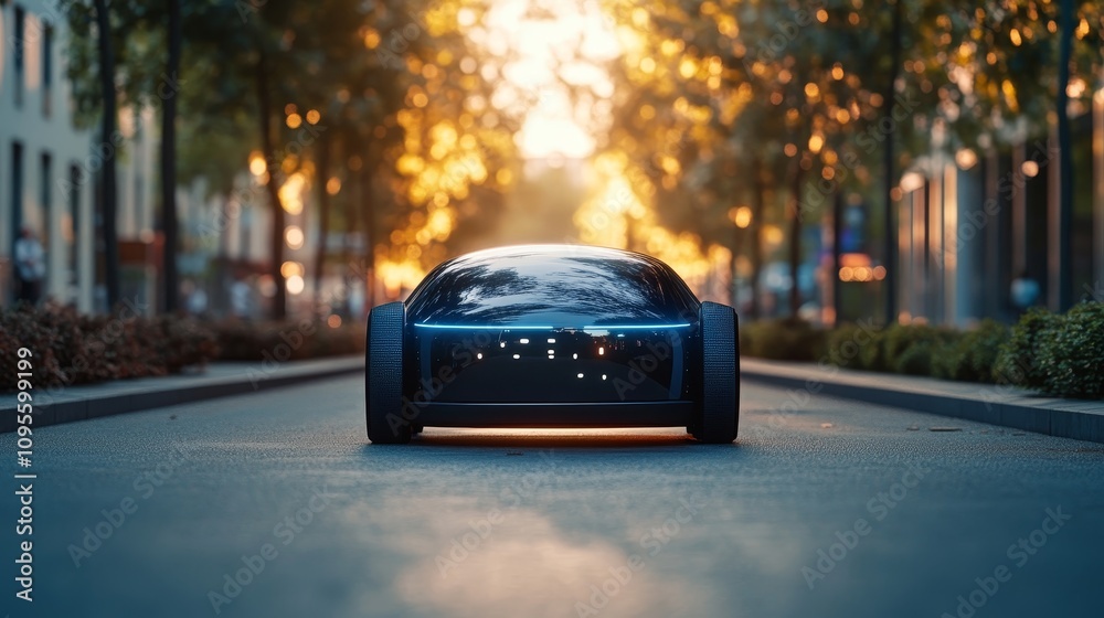 Fototapeta premium Futuristic Blue Self-Driving Car on a Minimalist City Street, Lit by Golden Hour Sunlight