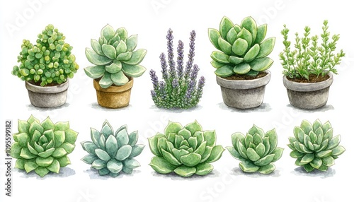 A collection of potted succulents and lavender. This image is perfect for creating designs related to houseplants, gardening, or nature. photo