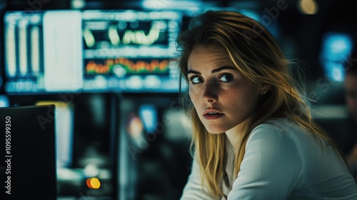 Thoughtful Businesswoman Analyzing Data in a Modern Office with Stock Market Displays and High-Tech Equipment in the Background