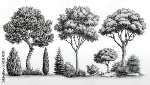 Black and white drawing of various trees. Perfect for adding a natural element to your design projects, websites, and social media.