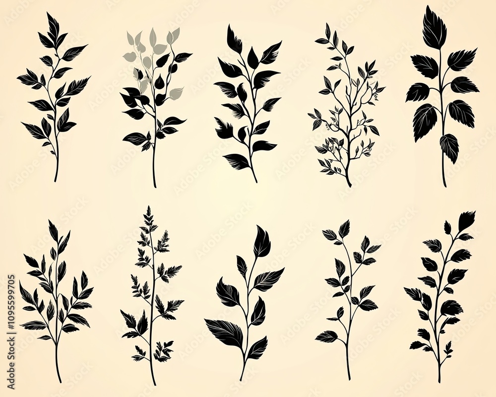 Silhouettes of 8 different leafy branches. Use them for nature-inspired designs or projects. Silhouettes of 8 different leafy branches. Use them for nature-inspired designs or projects.