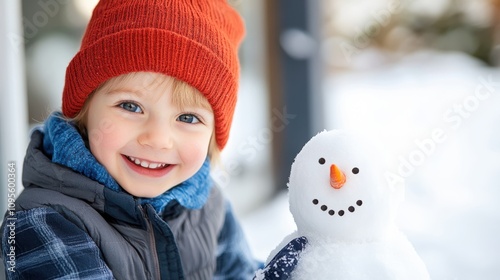 A delighted child in a bright red hat and blue jacket proudly stands next to their snowman creation, embracing the joys of winter in a snowy wonderland. photo