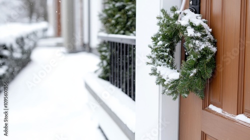 A tastefully crafted wreath adorned with snow graces the front door, offering an elegant touch to the scene. The snow-covered background enhances its charm. photo