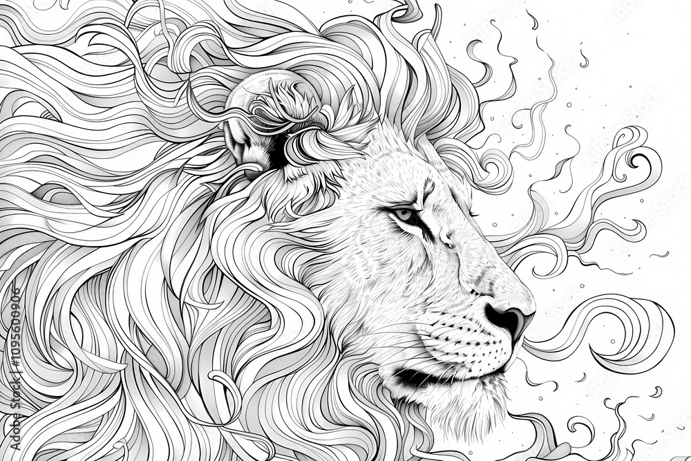 Obraz premium Intricate black and white illustration of a lion's head, featuring flowing hair-like lines that create a sense of movement and intensity.