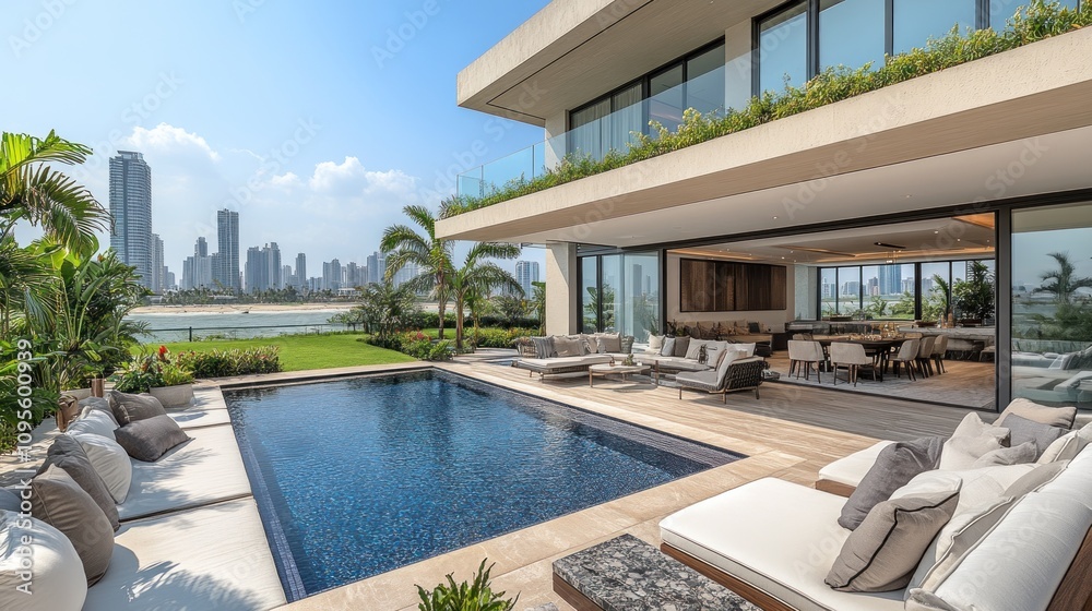 Fototapeta premium Modern Villa with a Pool and City Skyline View