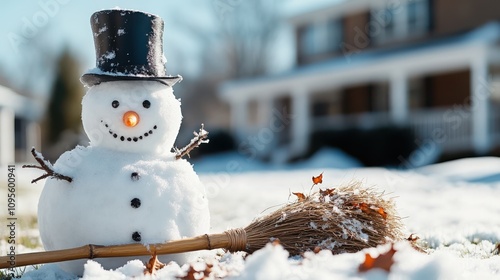 This friendly snowman stands proudly in the snowy yard, adorned with a bright scarf and holding a broom, bringing a sense of winter magic and cheer to the scene. photo