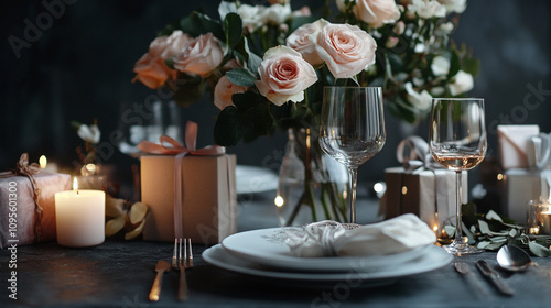 Romantic Valentine's Day dinner setup with flowers, candles, and gifts on a table