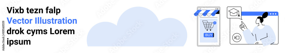 Cloud icon, shopping cart, e-commerce storefront, check-out button, academic hat, user profile. Ideal for e-commerce, online education, applications, tech tutorials, data storage, cloud services Cloud icon, shopping cart, e-commerce storefront, check-out button, academic hat, user profile. Ideal for e-commerce, online education, applications, tech tutorials, data storage, cloud services