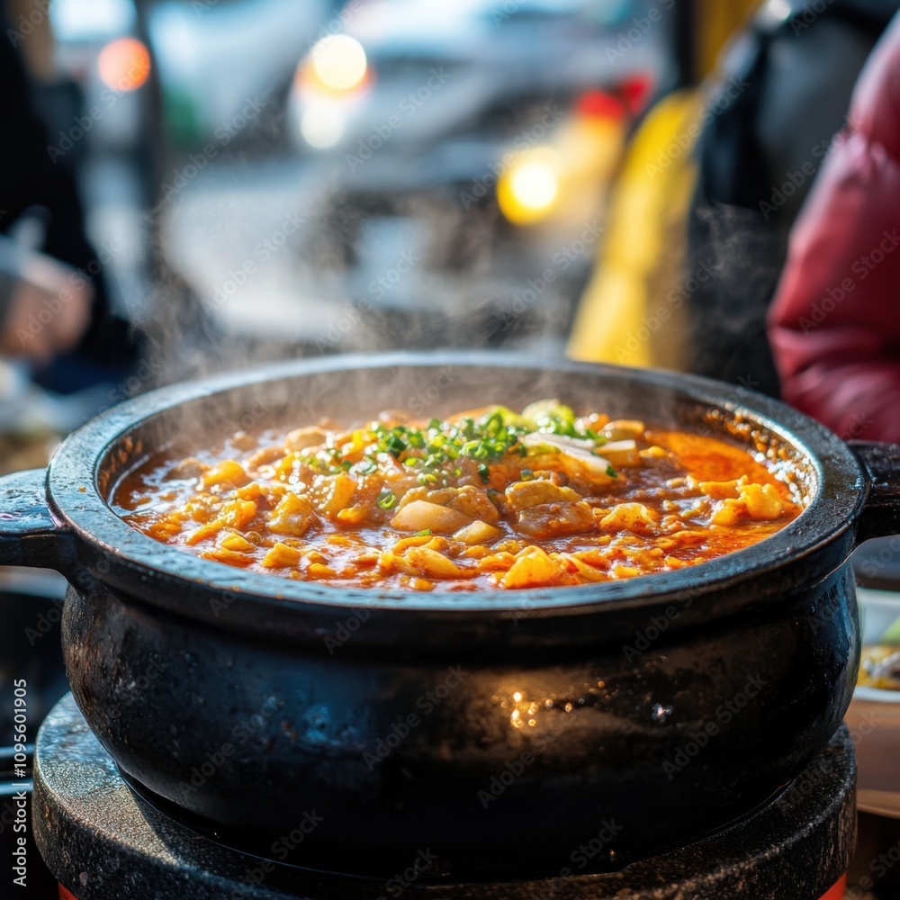 A steaming pot of hearty stew filled with vegetables and meat, served in a traditional black stone dish. A steaming pot of hearty stew filled with vegetables and meat, served in a traditional black stone dish.