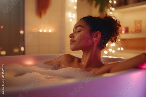 Relaxed woman enjoying a luxurious bath with bubbles and soft lighting.