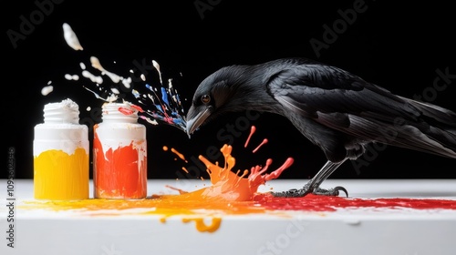 A curious crow interacts with two paint bottles, creating a dynamic splash of vivid colors against a stark black background, blending nature with artistic expression. photo