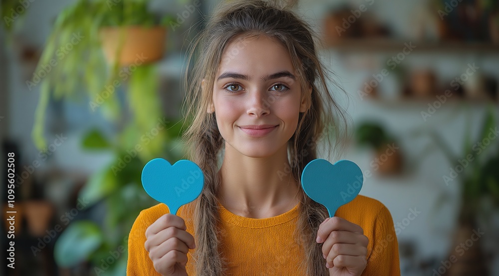Smiling Young Woman Holding Blue Heart Shapes Smiling Young Woman Holding Blue Heart Shapes