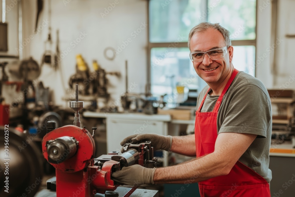 Craftsman in a workshop engages with machinery while wearing gloves and an apron, showcasing skills in a minimalist setting Craftsman in a workshop engages with machinery while wearing gloves and an apron, showcasing skills in a minimalist setting