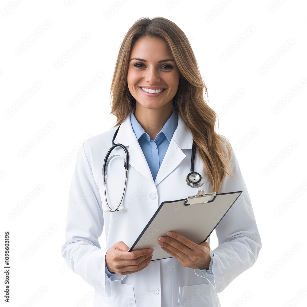 Smiling female doctor holding clipboard isolate on transparent background PNG Smiling female doctor holding clipboard isolate on transparent background PNG