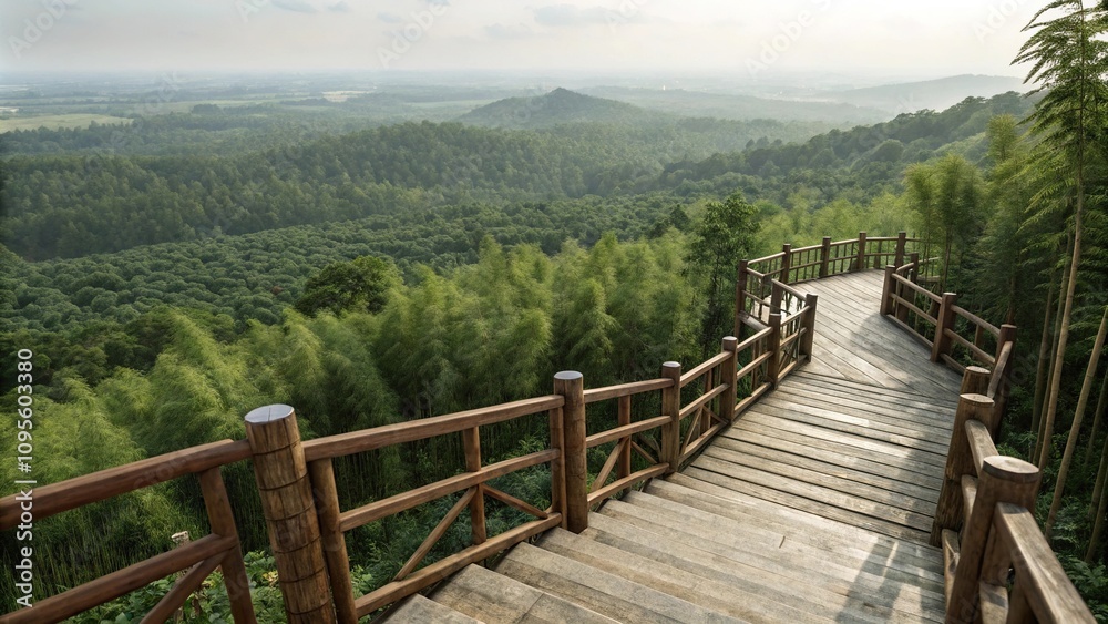 Obraz premium Wooden railings and steps lead up to a lookout point over a vast bamboo landscape, scenic overlook, bamboo landscape viewpoint, wooden stairs, wooden railing