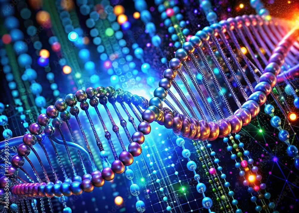 Algorithmic DNA patterns, digital threads, vibrant. Algorithmic DNA patterns, digital threads, vibrant.